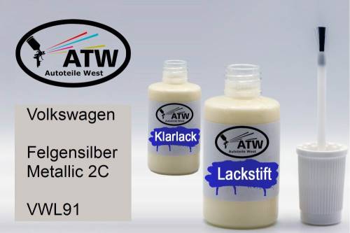 Volkswagen, Felgensilber Metallic 2C, VWL91: 20ml Lackstift + 20ml Klarlack - Set, von ATW Autoteile West.